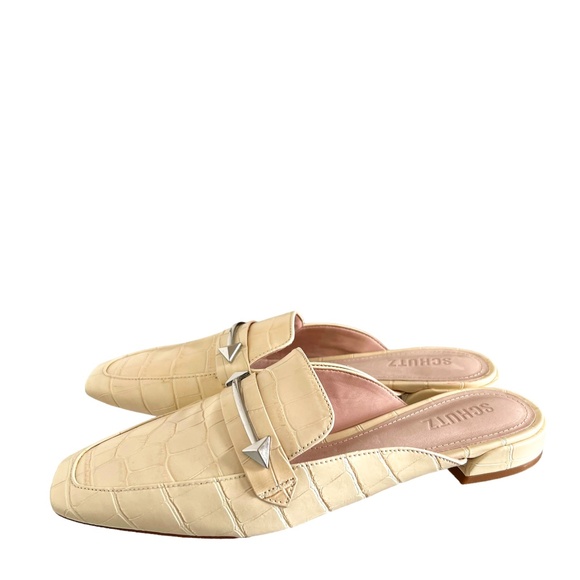 SCHUTZ Croc Embossed Leather Mules In Cream Size 8 - Picture 1 of 10